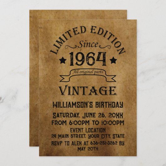 6パーソナライズされたヴィンテージ60歳の誕生日パーティー 招待状 (正面/裏面)