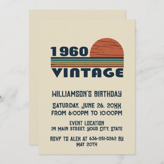 6パーソナライズされたヴィンテージ60歳の誕生日パーティー 招待状 (正面/裏面)