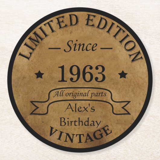6パーソナライズされたヴィンテージ60歳の誕生日プレゼント ラウンドペーパーコースター (正面)