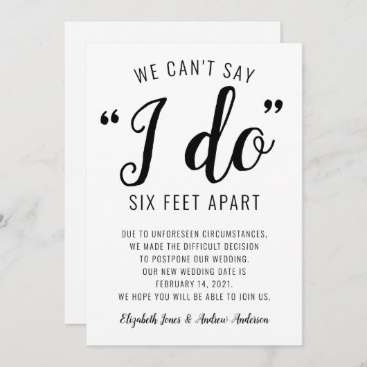 「6フィート離れて結婚式を挙げることはできない」日程変更の結婚式 案内状 (正面/裏面)