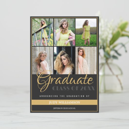 6フォトエレガントコラージュ黒と金ゴールド卒業 案内状 (スタンド正面)