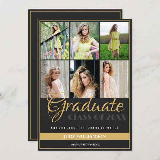6フォトエレガントコラージュ黒と金ゴールド卒業 案内状 (正面/裏面)
