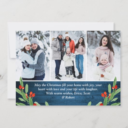 6フォトクリスマスブルー素朴ウッドの挨拶 シーズンカード (裏面)