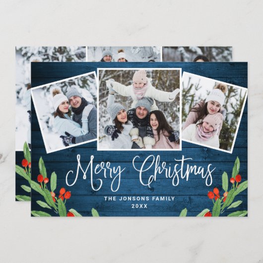 6フォトクリスマスブルー素朴ウッドの挨拶 シーズンカード (正面/裏面)