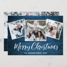 6フォトクリスマスブルー素朴ウッドの挨拶