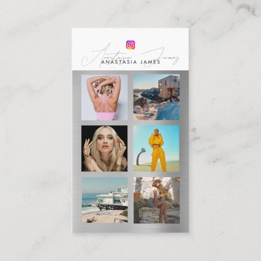 6フォトグ食べ物を与えリッドソーシャルメディアQRコードシルバー 名刺 (裏面)