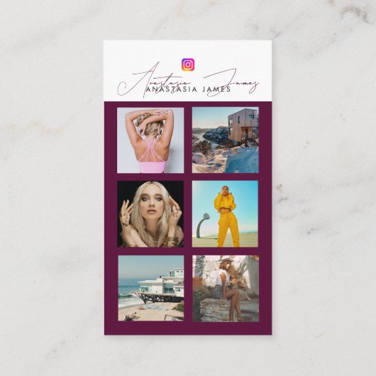 6フォトグ食べ物を与えリッドソーシャルメディアQRコードバーガンディ 名刺 (裏面)