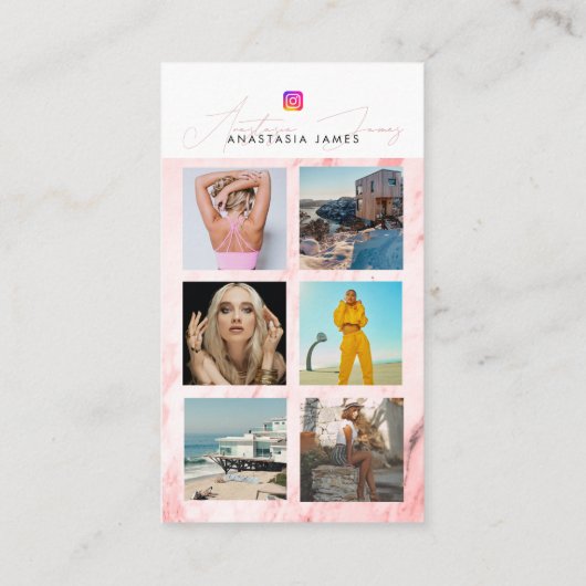 6フォトグ食べ物を与えリッドソーシャルメディアQRコードピンク大理石 名刺 (裏面)