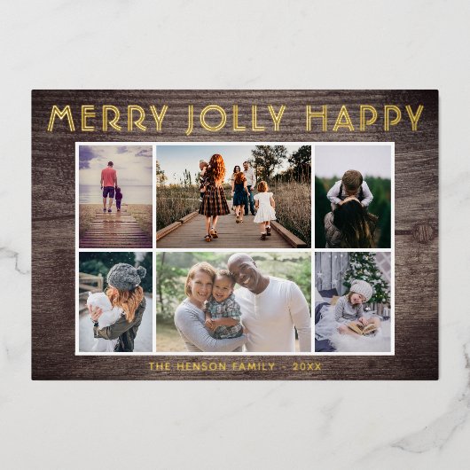 6フォトコラージウッドハッピーメリークすてきクリスマス 箔シーズンカード (正面)