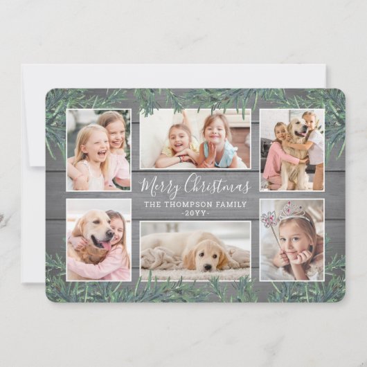 6フォトコラージクリスマスグリーン&グレーウッド シーズンカード (正面)