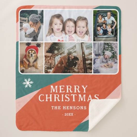 6フォトコラージピンクグリーンオレンジクリスマスファミリー シェルパブランケット (正面)