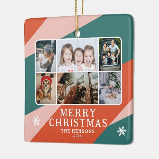 6フォトコラージピンクグリーンオレンジクリスマスファミリー セラミックオーナメント (左)