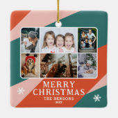 6フォトコラージピンクグリーンオレンジクリスマスファミリー セラミックオーナメント (裏面)
