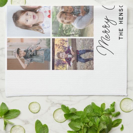 6フォトコラージメリークリスマスファミリー キッチンタオル (折り畳み)