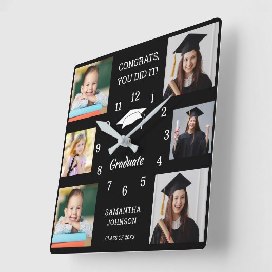 6フォトコラージュおめでとうGrad 2025黒 スクエア壁時計 (傾斜)