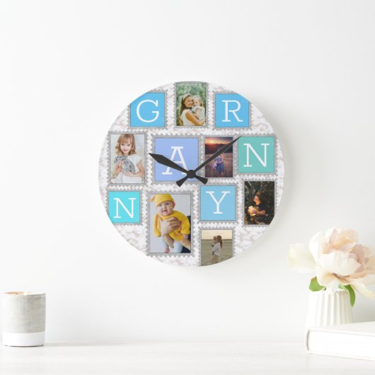 6フォトコラージュかわいいベビーファミリーラブグラニー ラージ壁時計 (ホーム)