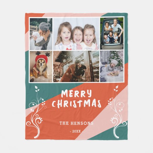 6フォトコラージュの葉のカラフルクリスマスファミリー フリースブランケット (正面)