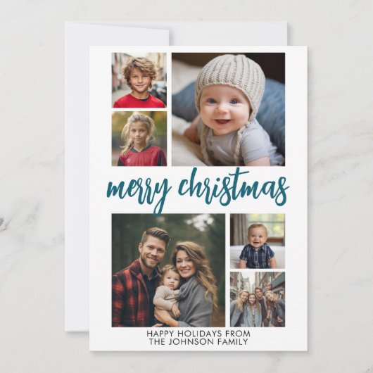 6フォトコラージュめでたいメリークリスマスブルーストライプ シーズンカード (正面)