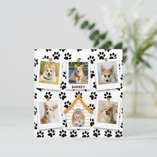 6フォトコラージュ名前を追加ドッグハウスポープリントカード (スタンド正面)