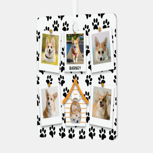 6フォトコラージュ名前を追加ドッグハウスポープリント メタルオーナメント (正面左)