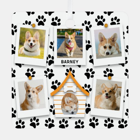 6フォトコラージュ名前を追加ドッグハウスポープリント メタルオーナメント (正面)
