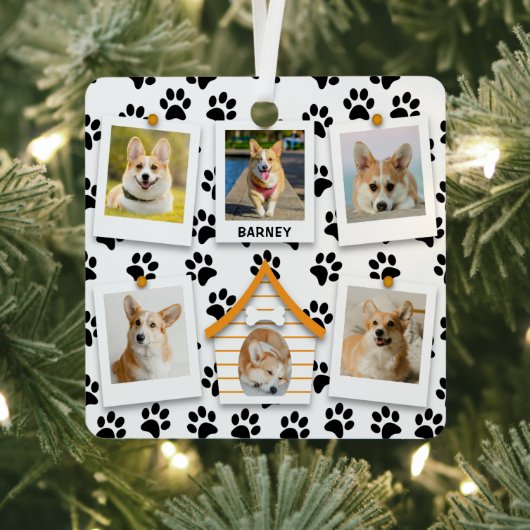 6フォトコラージュ名前を追加ドッグハウスポープリント メタルオーナメント (インサイチュ)