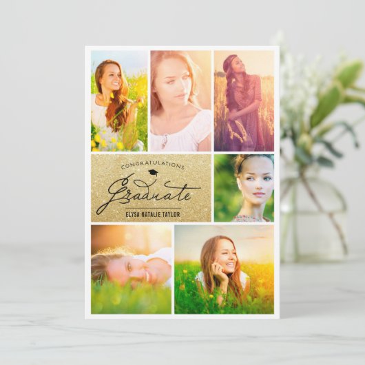 6フォトコラージュ金ゴールドグリッター卒業パーティー 招待状 (スタンド正面)