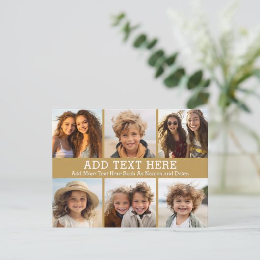 6フォトコラージュ2行の文字--金ゴールドを編集できる ポストカード (スタンド正面)