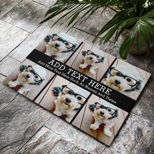 6フォトコラージュ2行の文字- – 黒を編集できる ドアマット (Custom Welcome Doormat)