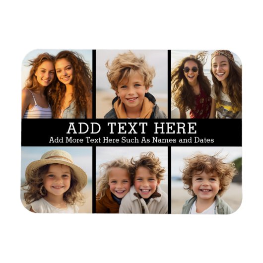 6フォトコラージュ2行の文字- – 黒を編集できる マグネット (横)