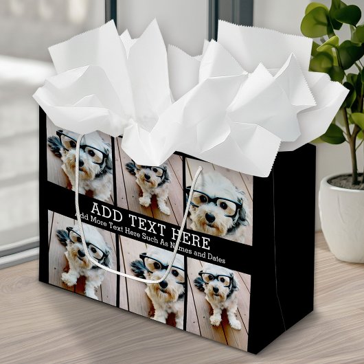 6フォトコラージュ2行の文字- – 黒を編集できる ラージペーパーバッグ