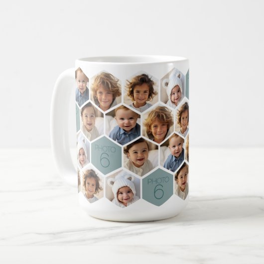 6フォトコラージュ – ファンキーハニカムパターン – 白 コーヒーマグカップ (正面左)