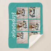 6フォトコラージースクリプト白手書き名前ティール(緑がかった色) シェルパブランケット (正面)