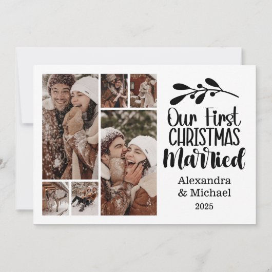 6フォトミニマリスト私たちの初めてのクリスマス 結婚した シーズンカード (正面)