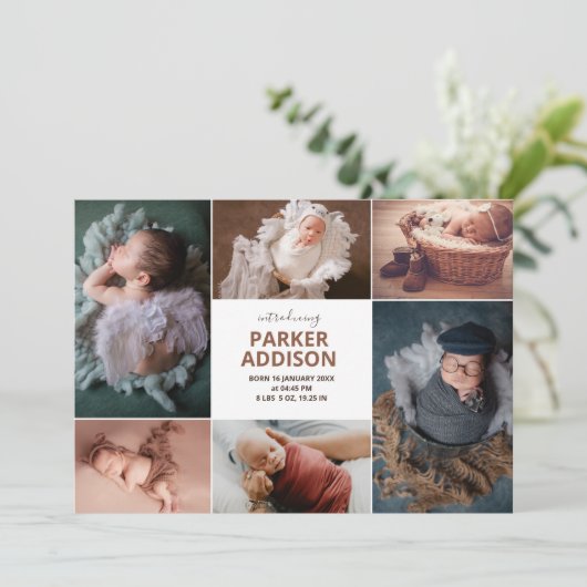 6フォトモダンコラージグリッド生まれたばかりのベビー誕生 案内状 (スタンド正面)