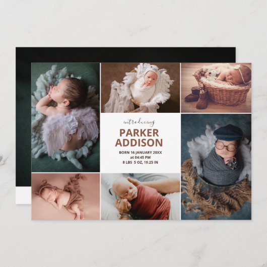 6フォトモダンコラージグリッド生まれたばかりのベビー誕生 案内状 (正面/裏面)
