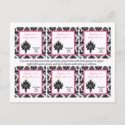 6メッセージカードホットピンクブラックダマスク インビテーションポストカード (正面)