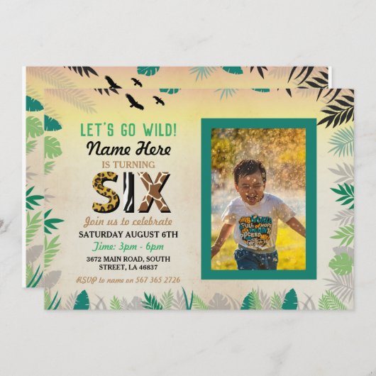 6人目の野生の6歳の誕生パーティー、サファリZOOの写真 招待状 (正面/裏面)
