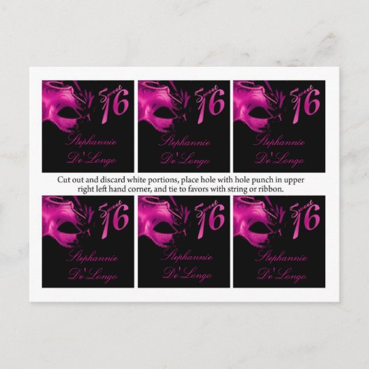 6個 ファブタグ スウィート16 ホットピンク ブラック パーティマスク ポストカード (正面)