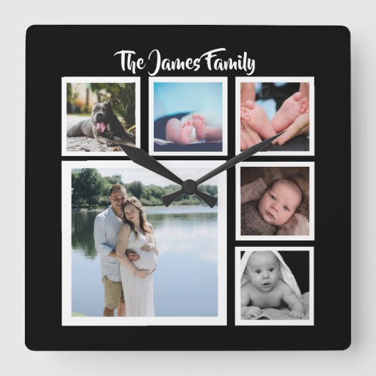 6写真のコラージュのテンプレート スクエア壁時計 (正面)