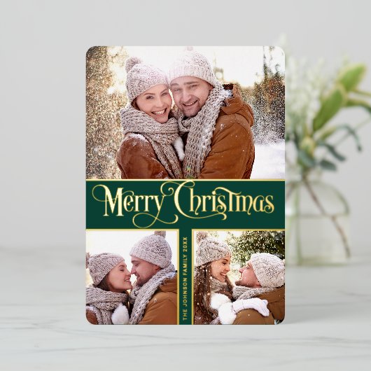 6写真シンプルに輝くエレガントクリスマス金ゴールド 箔シーズンカード (立ち正面)