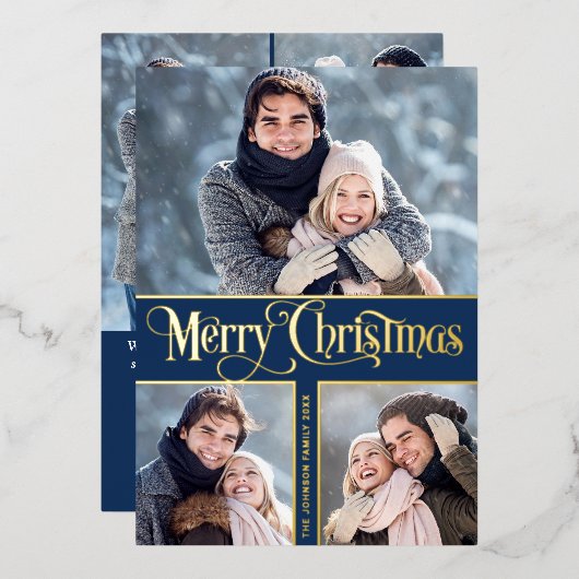 6写真シンプルに輝くエレガントクリスマス金ゴールド 箔シーズンカード (正面/裏面)