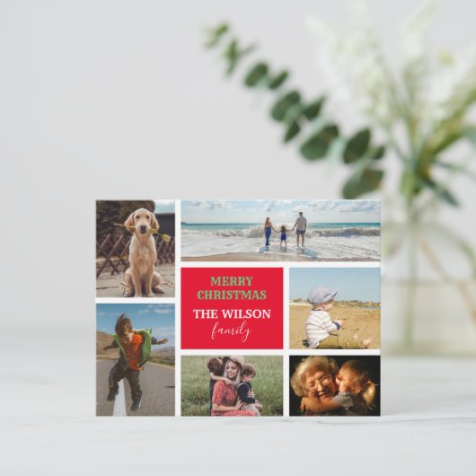 6写真パーソナライズされた家族コラージクリスマス シーズンポストカード (スタンド正面)