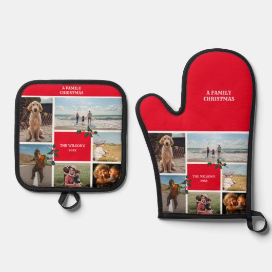 6写真パーソナライズされた家族コラージクリスマス 鍋つかみ&鍋敷きセット (正面)