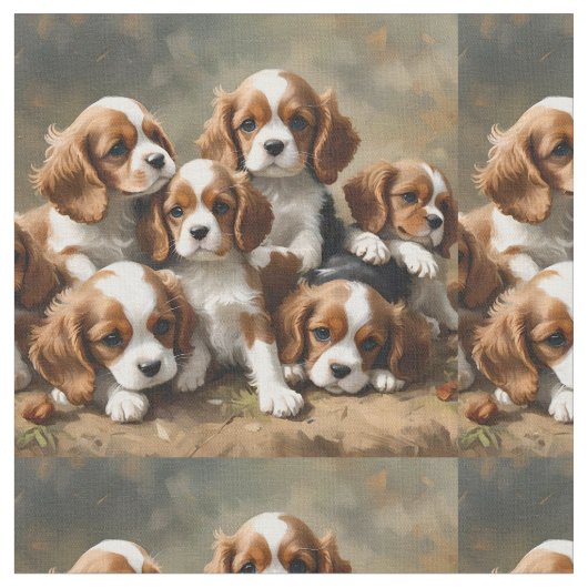 6匹のスパニエル犬の子犬が ファブリック (クローズアップ)