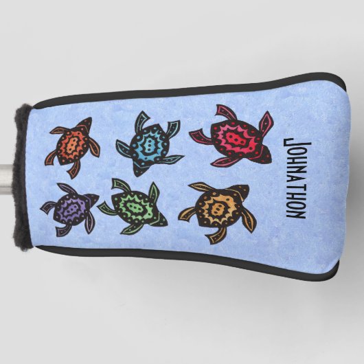 6匹の抽象芸術の黒いカメカラフルが貝殻に印を付けた ゴルフヘッドカバー (正面)