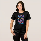 6匹の輝く蝶が舞うネオンフラワー トライブレンドTシャツ (正面全面)