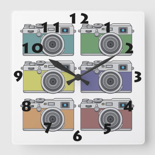 6台のヴィンテージフォトカメラポップ・アートのをアートスタイル スクエア壁時計 (正面)