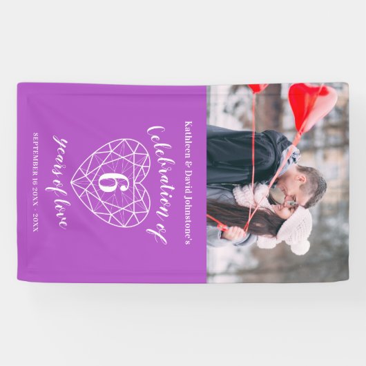 6周年記念ハートパーソナライズされた写真紫 横断幕 (横)