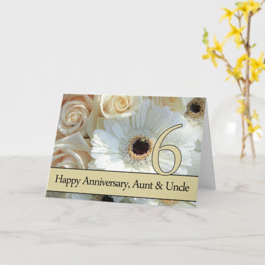 6周年記念結婚叔母と伯父ピンクのバラ カード (黄色い花)